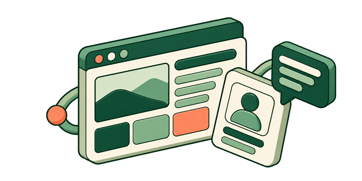 Isometrische illustratie van een website, profielkaart en persoonlijk bericht